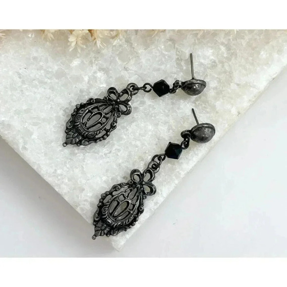 Vintage Dark Silver Tone Gothic Style Dangle Earrings - Picture 2 of 5